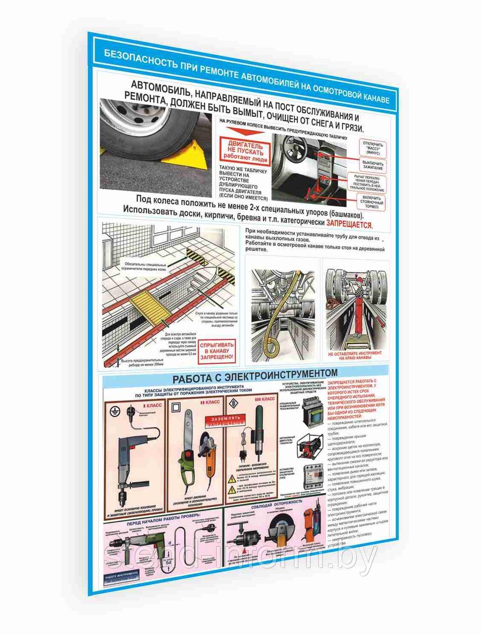 ПЛАКАТ ПО Охране труда при ремонте автомобиля "Работы на осмотровой канаве"  №23.51  р-р 50*70 см на ПВХ