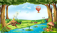 Детский фотообои пейзаж, небо, цветы, зеленая трава, речка, деревья