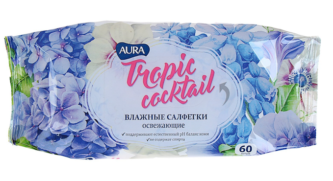 Освежающие влажные салфетки AURA Tropical Cocktail, 60 шт - фото 1 - id-p168880062