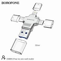 Картридер 4 в 1 Borofone DHB01 (USB+Type-C+Micro+Lightning, microSD-слот) цвет:серебро