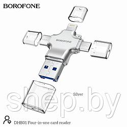 Картридер 4 в 1 Borofone DHB01 (USB+Type-C+Micro+Lightning, microSD-слот) цвет:серебро