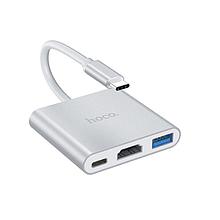 Адаптер Type-C - Xaб-конвертер Hoco HB14 Type-C на USB3.0+HDMI+Type-C цвет: серебристый