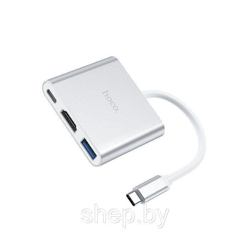 Адаптер Type-C - Xaб-конвертер Hoco HB14 Type-C на USB3.0+HDMI+Type-C цвет: серебристый - фото 2 - id-p168910202