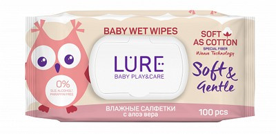 Влажные салфетки для детей LURE! baby play&care (с крышкой), 100 шт