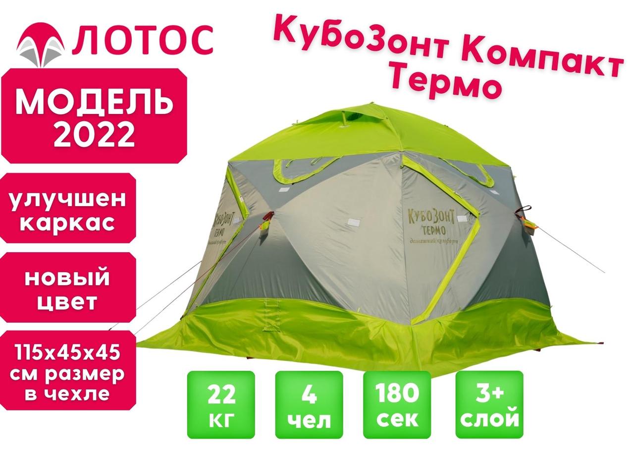 Утепленная зимняя палатка Лотос КубоЗонт 4 Компакт Термо (Серо-Салатовый) Модель 2022