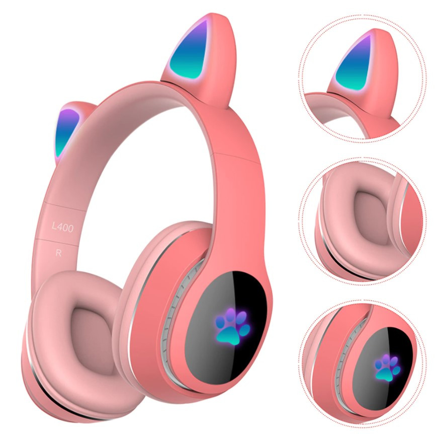 Детские беспроводные наушники Cat ear со светящимися ушками CXT-B39 (Розовые) - фото 3 - id-p169008775
