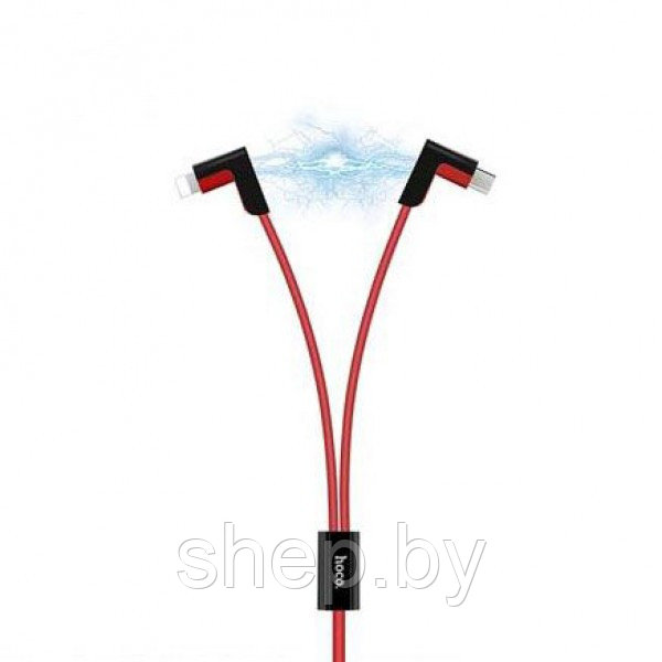 Дата-кабель Hoco X12 One Pull Two L Shape Magnetic Adsorption Cable 2в1 Lightning&microUSB(1.2м)цвет : красный - фото 1 - id-p169109720