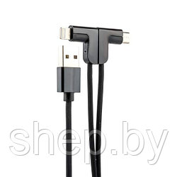 Дата-кабель Hoco X12 One Pull Two L Shape Magnetic Adsorption Cable 2в1 Lightning&microUSB(1.2м)цвет : черный