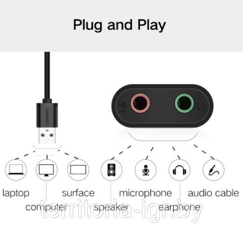 Внешняя звуковая карта 30724 USB 2.0 Stereo Sound Adapter черный Ugreen - фото 3 - id-p169196935