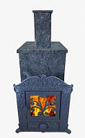 Печь-камин чугунная "Verona" 50 ЗК-нерж, в КАМЕННОЙ ОБЛИЦОВКЕ+Облицовка Дымохода 500мм