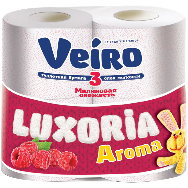 Бумага туалетная Veiro "Luxoria Aroma. Малиновая свежесть" 3-слойная, 4шт., цветное тиснение, белая 5С34 Aroma - фото 1 - id-p169364874