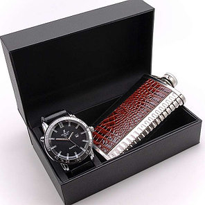 Мужской подарочный набор EMPORIO ARMANI 3866, фляжка + часы (хром + бел.), фото 2