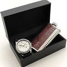 Мужской подарочный набор EMPORIO ARMANI 3866, фляжка + часы (хром + бел.)