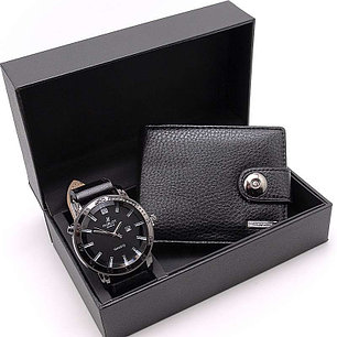 Мужской подарочный набор HUBLOT 8712, портмоне + часы (хром + черн.), фото 2