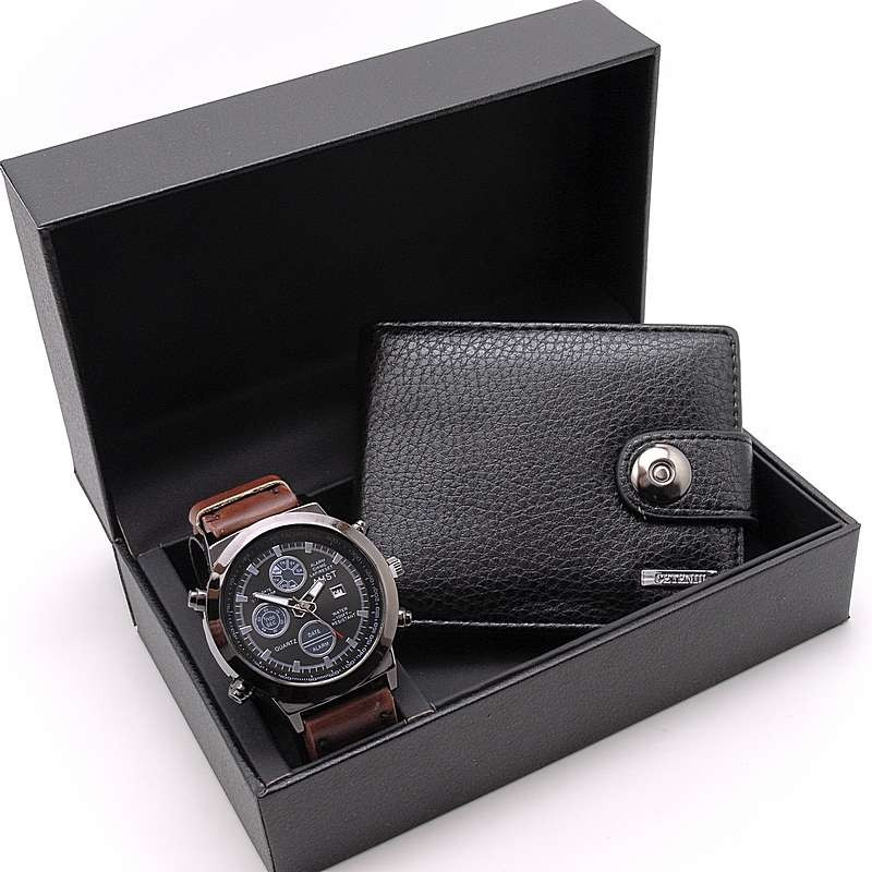 Мужской подарочный набор AMST 0033, портмоне + часы (хром + коричн.)