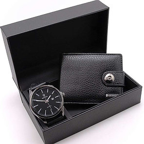 Мужской подарочный набор AMST 0033, портмоне + часы (хром + коричн.), фото 2