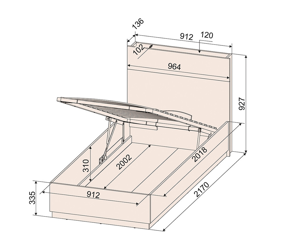 Кровать одинарная LT-К90 Loft с подъемным механизмом фабрики Интерлиния - фото 3 - id-p169485828