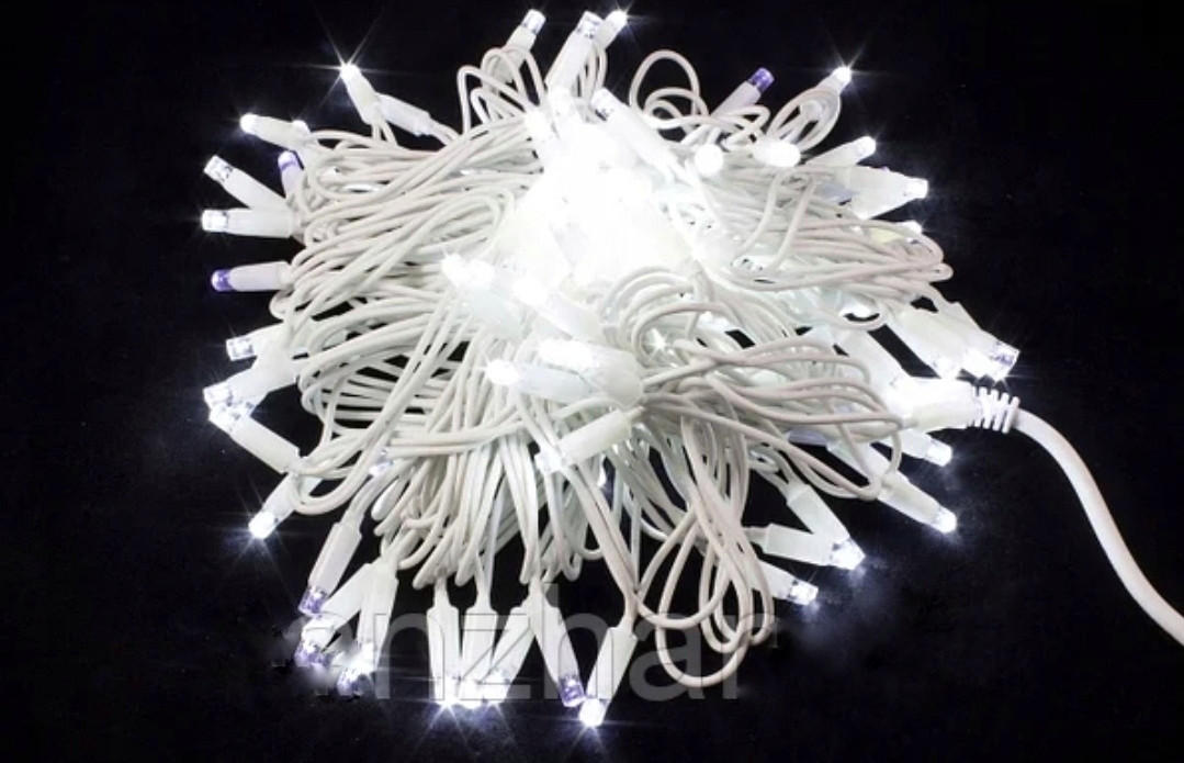 Гирлянда светодиодная WT хол.белый 10 м. ,100 LED. Провод каучук белый. Постоянное свечение - фото 1 - id-p139713993
