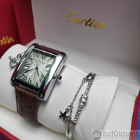 Подарочный набор CartER (браслет, подвеска Сердце, часы) Корпус серебро, коричневый ремешок