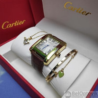 Подарочный набор CartER (браслет, подвеска Сердце, часы) Корпус золото, коричневый ремешок