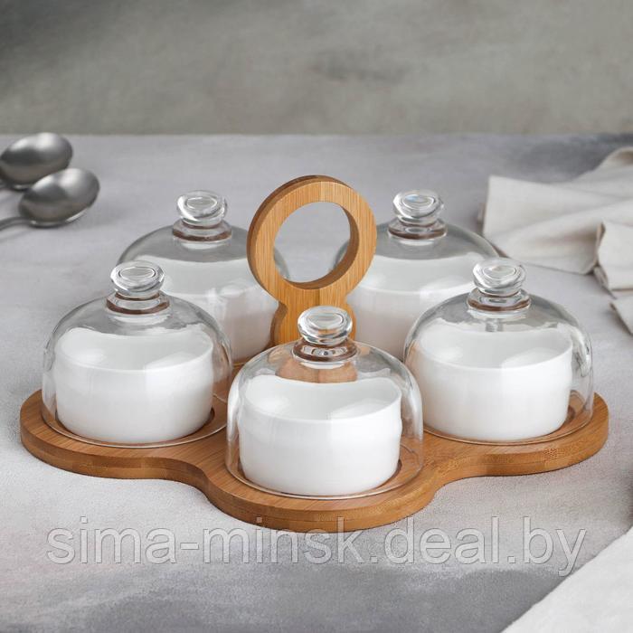 Набор соусников керамический на деревянной подставке «Эстет», 5 предметов, цвет белый - фото 1 - id-p169556985