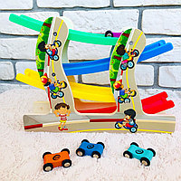 Детская деревянная игрушка «Автотрек спуск» с 4 машинками