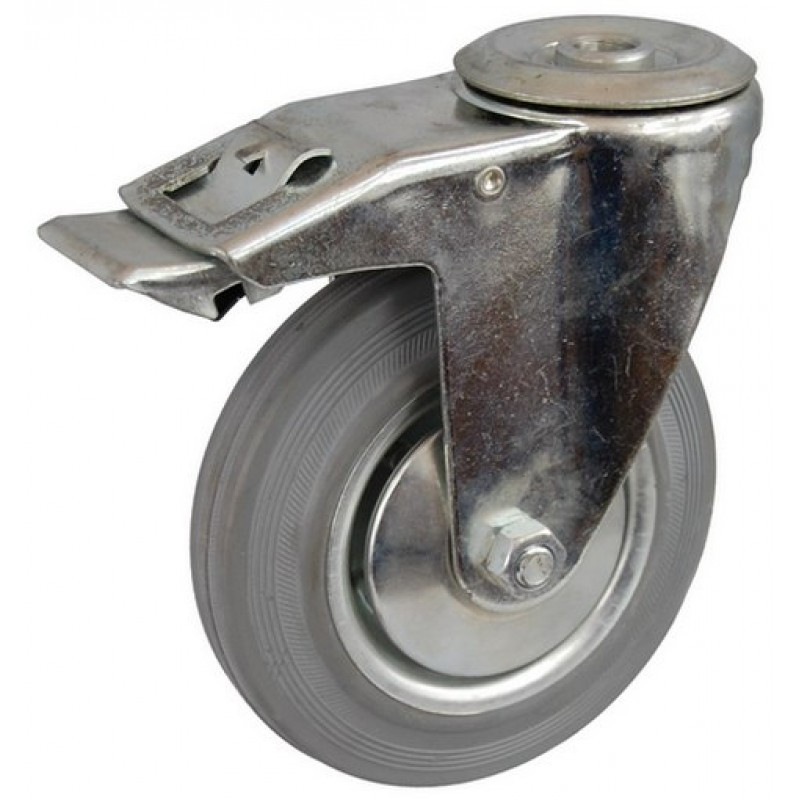 Колесо А 100 (007-002-100) с кронштейном поворотным металл/резина серая с отверстием 12,5 с тормозом