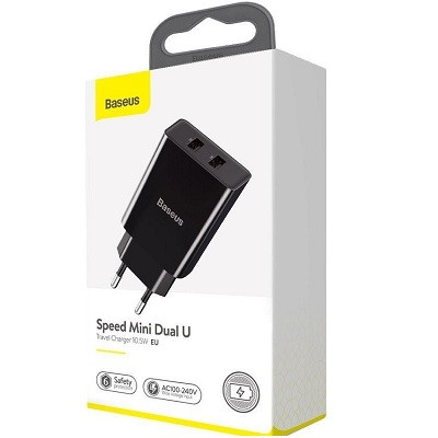 Сетевое зарядное устройство Baseus Speed Mini Charger 2xUSB 10.5W (CCFS-R01) черное - фото 4 - id-p169645924