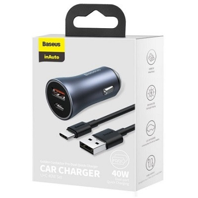 Автомобильное зарядное устройство Baseus (TZCCJD-0G) Golden Contactor Pro Car Charger Type-С + USB 40W (кабель - фото 5 - id-p169645930