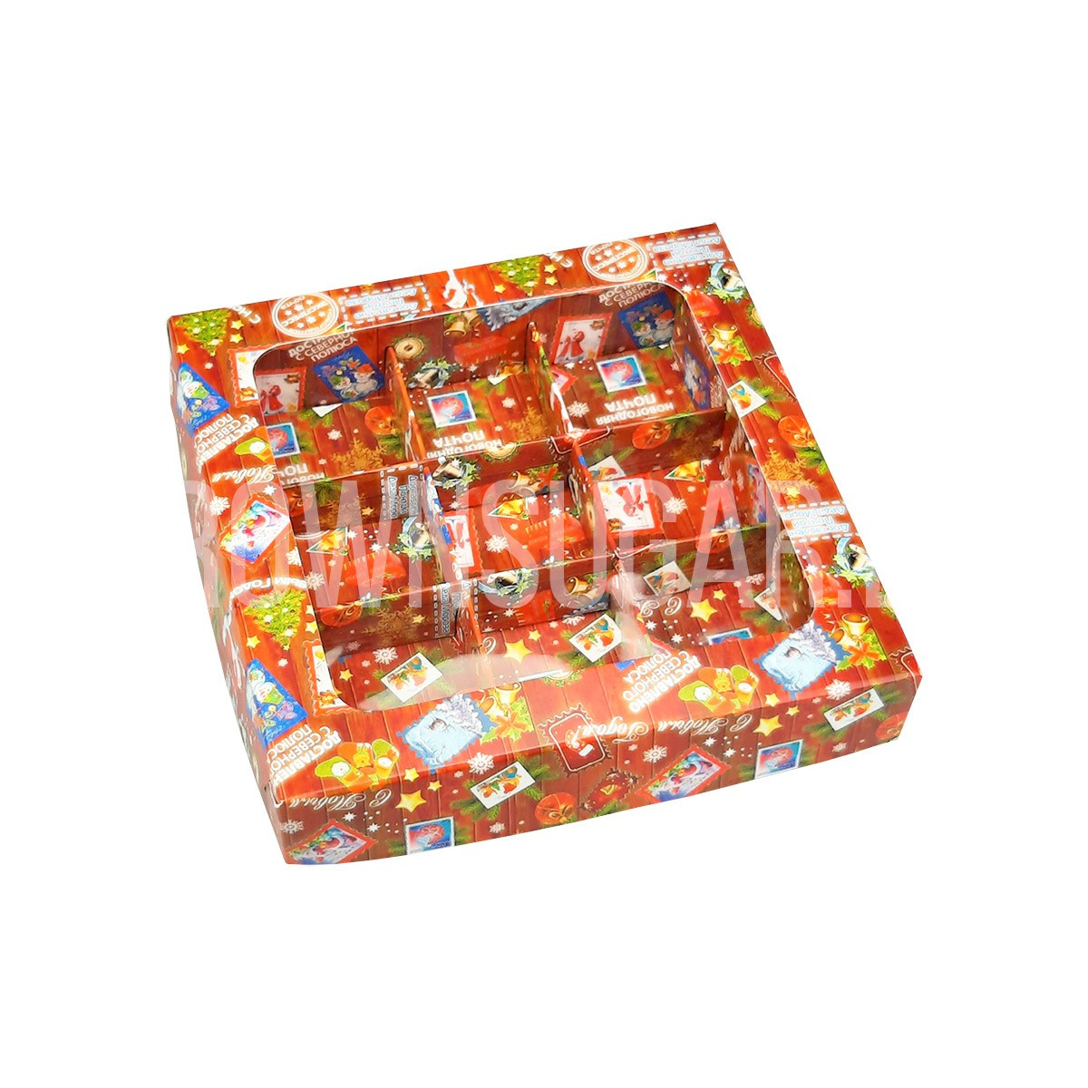 Коробка для 9 конфет Новогодняя почта с вклееным окошком (Россия, 155х155х30 мм)