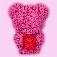 Мишка из роз вертикальный - Розовый с красным сердечком - С доставкой по РБ