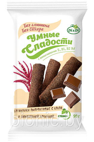 Батончики амарантовые "Умные сладости" с какао и шоколадной начинкой, 90 гр 1/20, фото 2