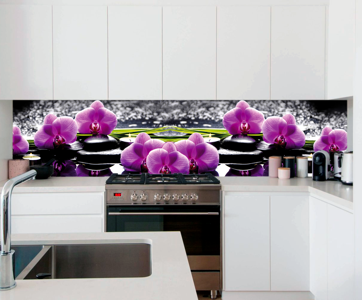Скинали на кухню, фартук на кухню с фиолетовыми цветами, орхидея. КМ 43 3000х610х3мм - фото 2 - id-p168995104