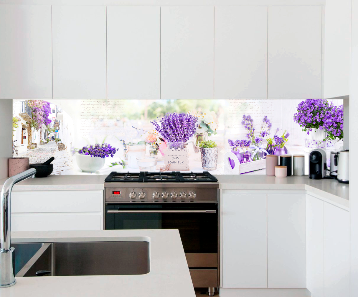 Скинали на кухню, фартук на кухню, фиолетовые цветы. КМ 250 3000х610х3мм - фото 2 - id-p168995040