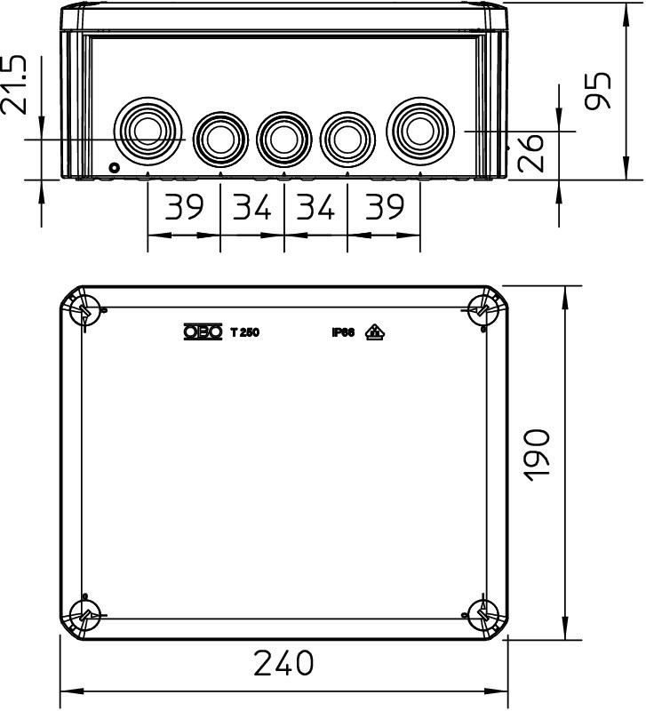 Коробка распред. T 250 без клемм, IP66, 240x190x95мм, 9хМ25, 7хМ32, серый, полипроп. армир.стекловол - фото 3 - id-p170005180