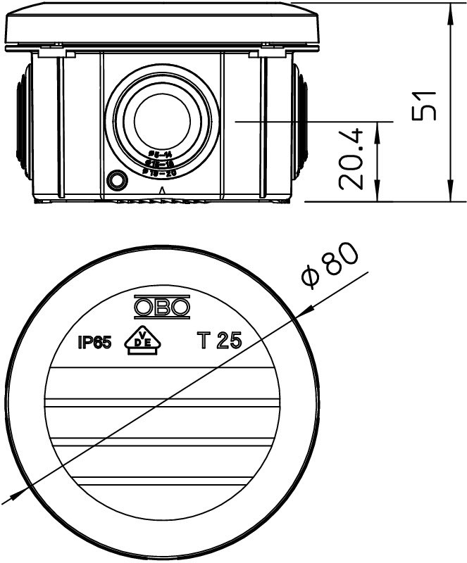 Коробка распред. T 25 без клемм, IP65, 80х51мм, 4 ввода М25, серый, полипропилен - фото 2 - id-p170005173