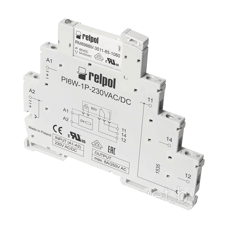 Реле интерфейсное PIR6WB-1PS-12VDC-R, 1CO, 6A(250VAC), 12VDC, LED, пружинный зажим, W=6.2mm - фото 1 - id-p170047130