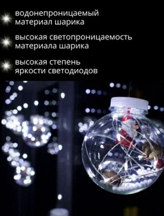 Новогодняя светодиодная гирлянда штора Шарики с Дедам Морозам внутри - фото 3 - id-p170171518