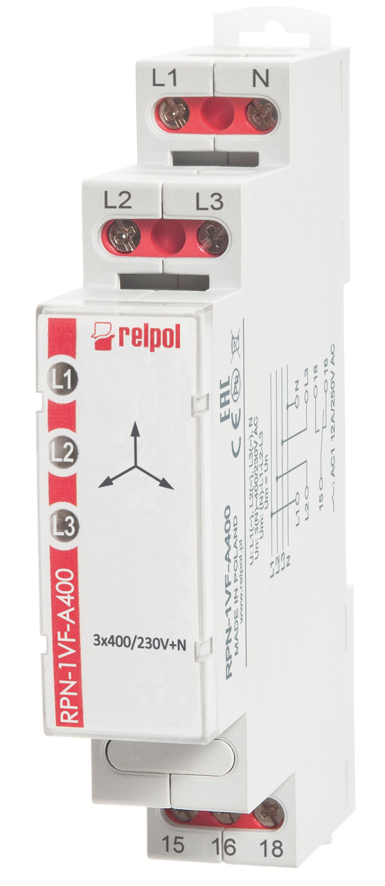 Реле контроля фаз RPN-1VF-A400, 3-фазн., 1CO, 230/400VAC(L-N), задержка 4s, обрыв L Umin=175V, асимметрия 55V, - фото 1 - id-p170271757
