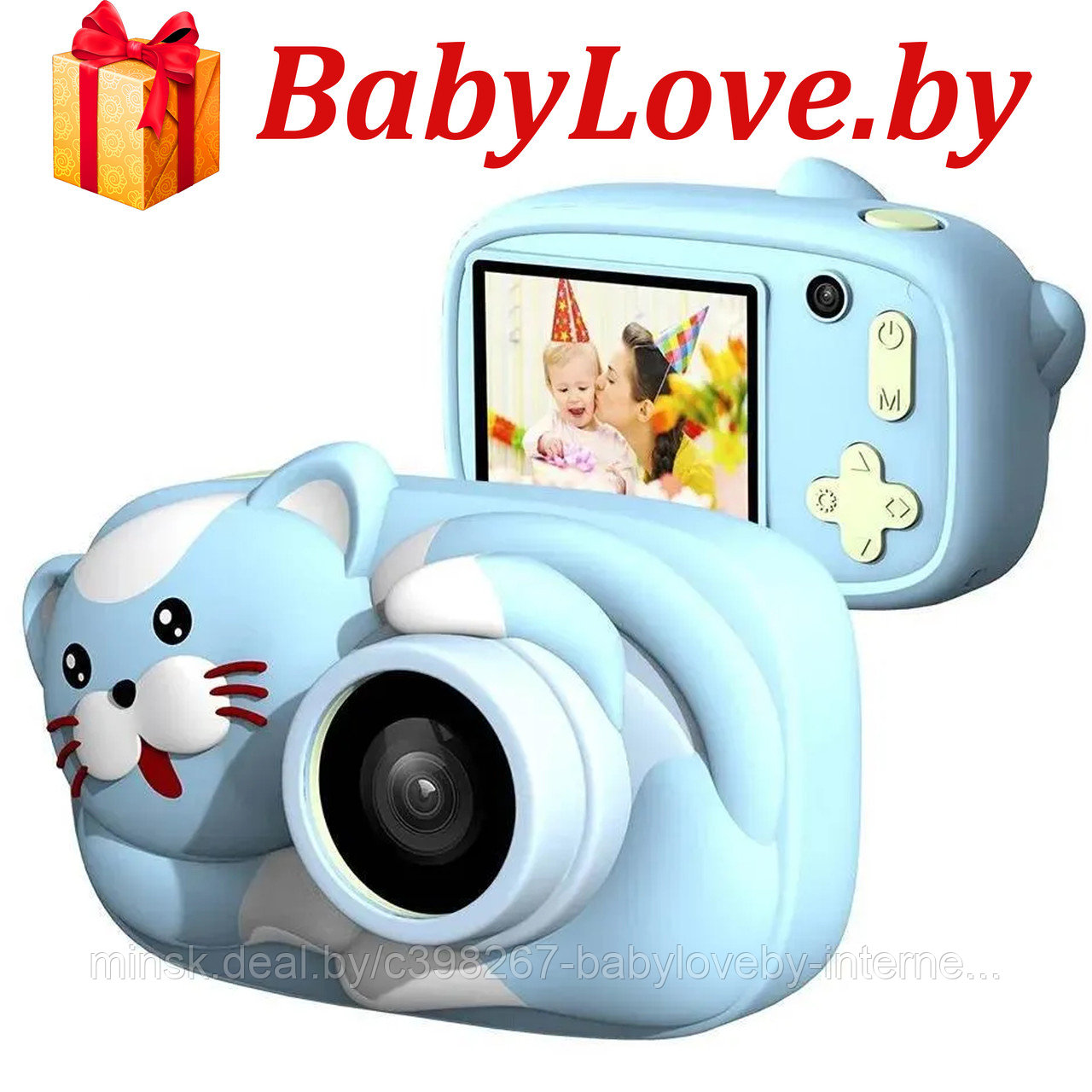 Детский цифровой фотоаппарат с селфи объективом Котик голубой, фото 1