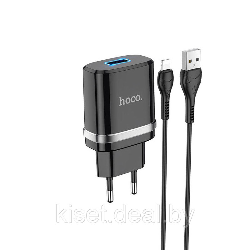 Сетевое зарядное устройство HOCO N1 2.4A черный + кабель Lightning - фото 1 - id-p170243369