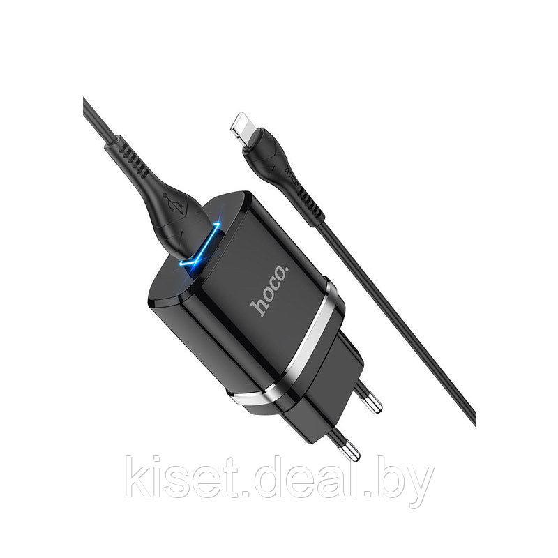 Сетевое зарядное устройство HOCO N1 2.4A черный + кабель Lightning - фото 2 - id-p170243369