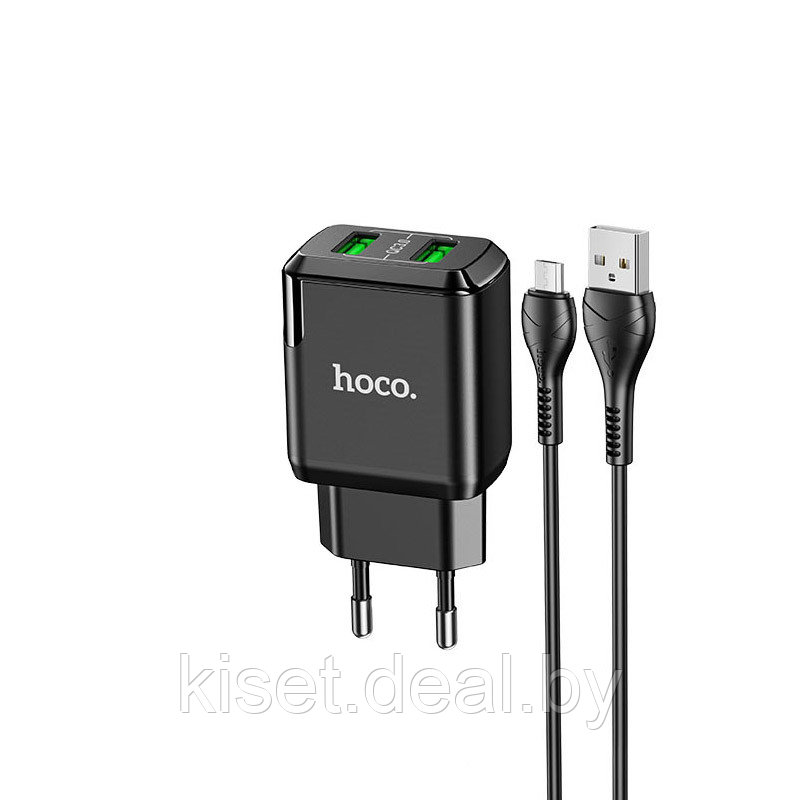 Сетевое зарядное устройство HOCO N6 18W QC3.0 2хUSB черный + кабель microUSB - фото 1 - id-p170243417