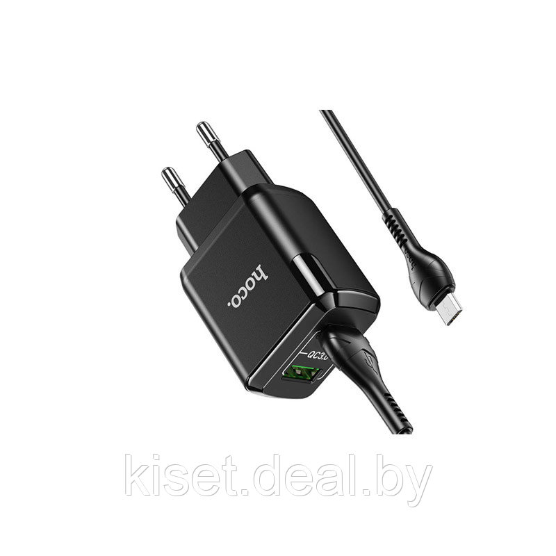 Сетевое зарядное устройство HOCO N6 18W QC3.0 2хUSB черный + кабель microUSB - фото 2 - id-p170243417