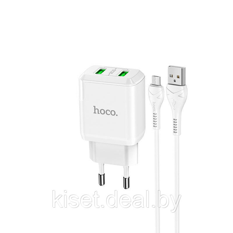 Сетевое зарядное устройство HOCO N6 18W QC3.0 2хUSB белый + кабель microUSB - фото 1 - id-p170243422