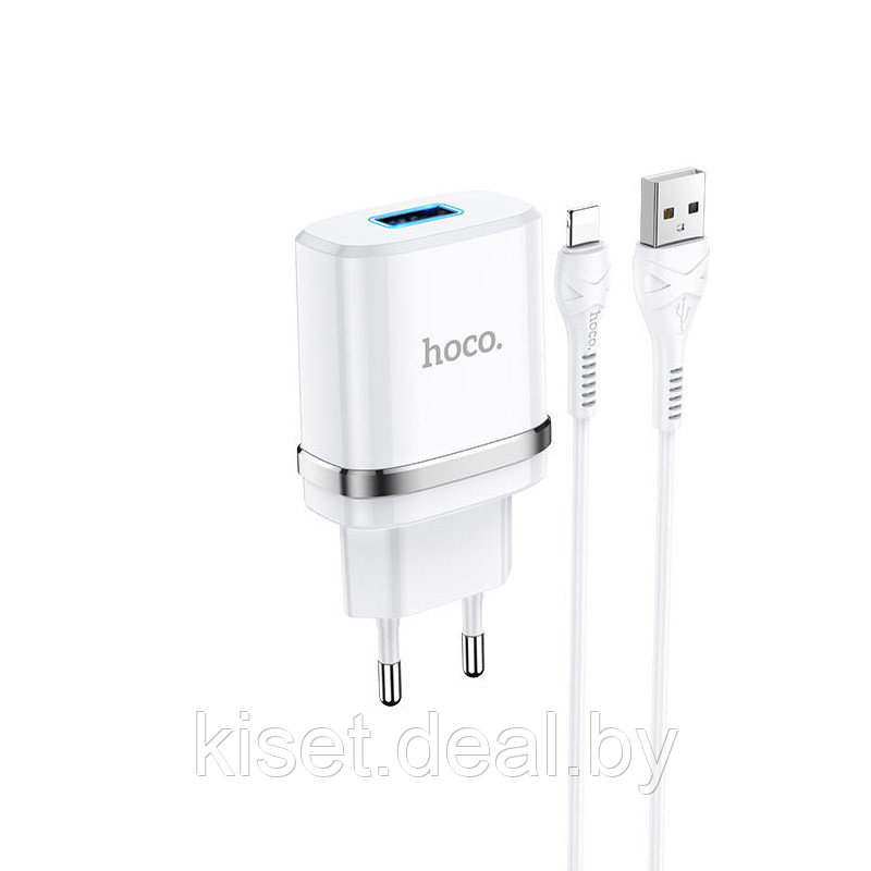 Сетевое зарядное устройство HOCO N1 2.4A белый + кабель Lightning - фото 1 - id-p170243423