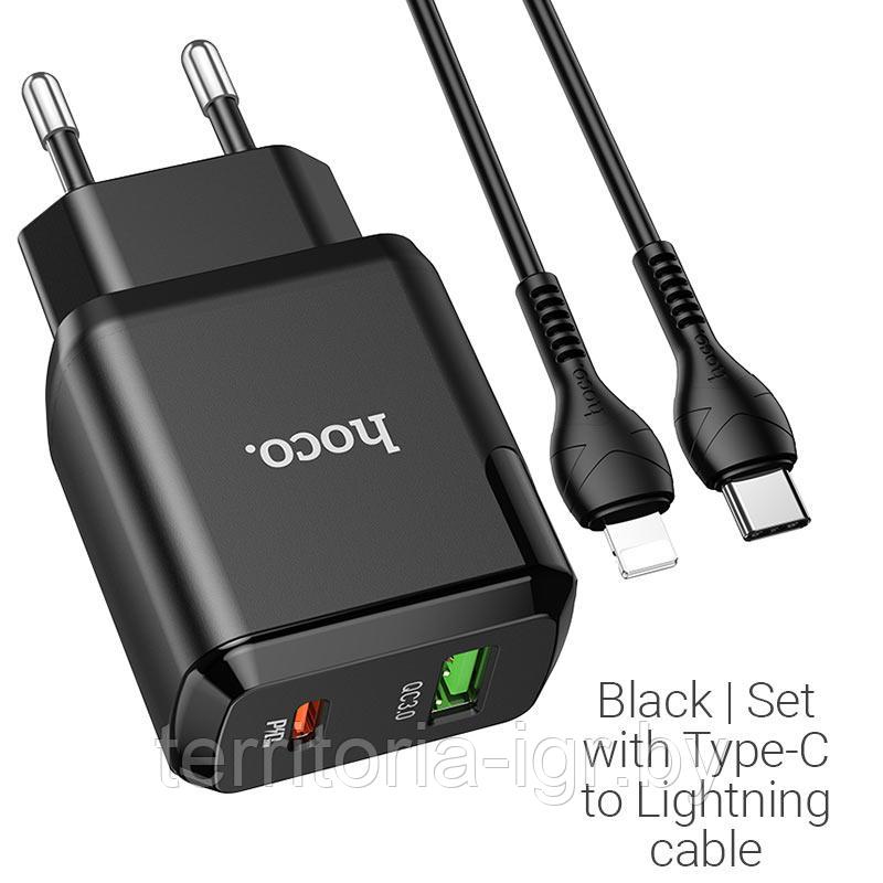 Сетевое зарядное устройство 1USB QC3.0 +1USB-C +кабель Type-C to Lightning 3A N5 Favor черный Hoco - фото 2 - id-p170313618