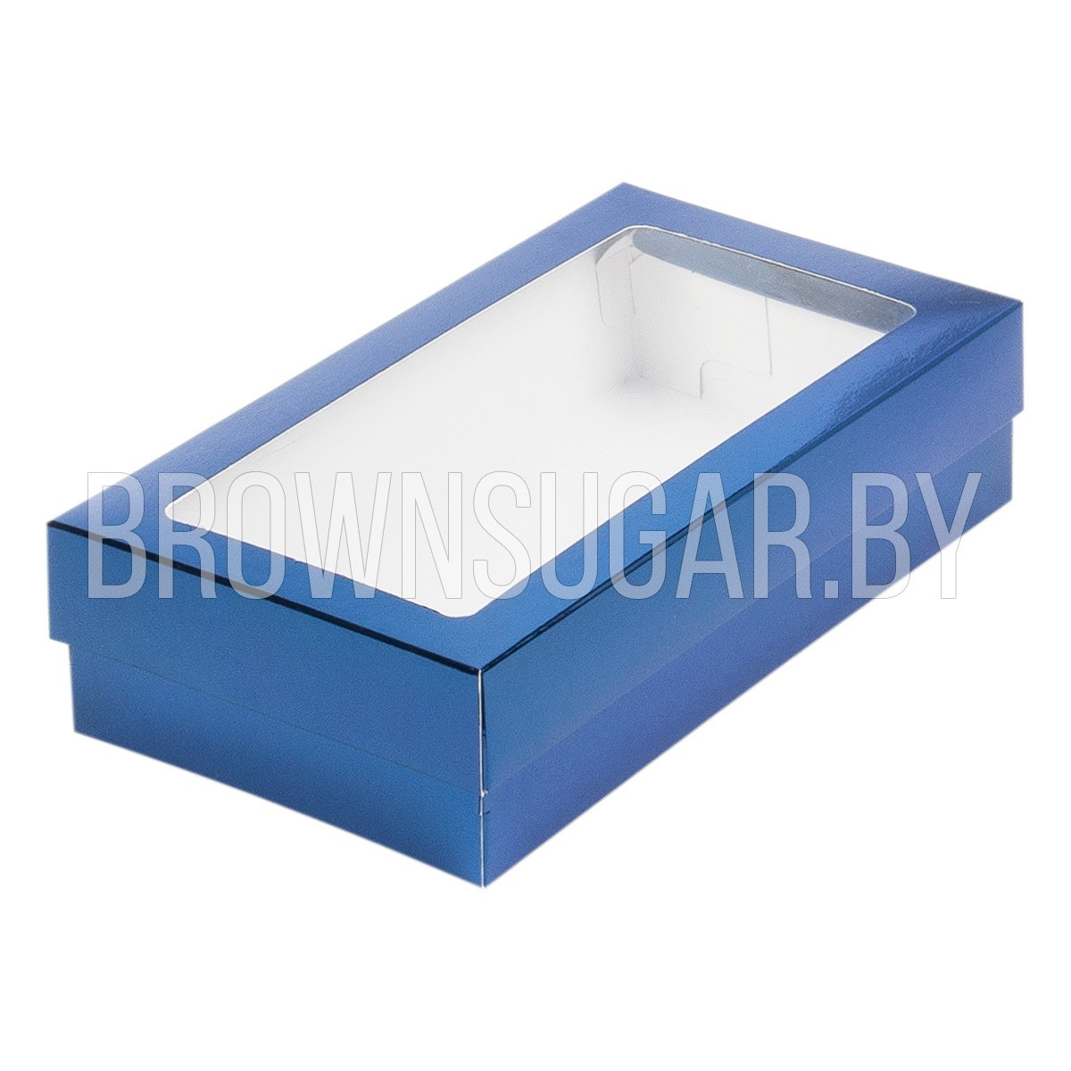 Коробка для пирожных Синяя с прямоугольным окошком (Россия, 210х100х55 мм) - фото 1 - id-p149157967