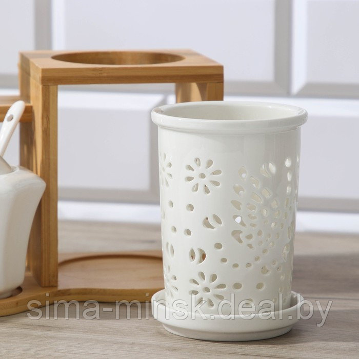 Набор керамический сервировочный на деревянной подставке «Эстет», 5 предметов: 2 соусника 300 мл, 2 сахарницы - фото 4 - id-p170390903