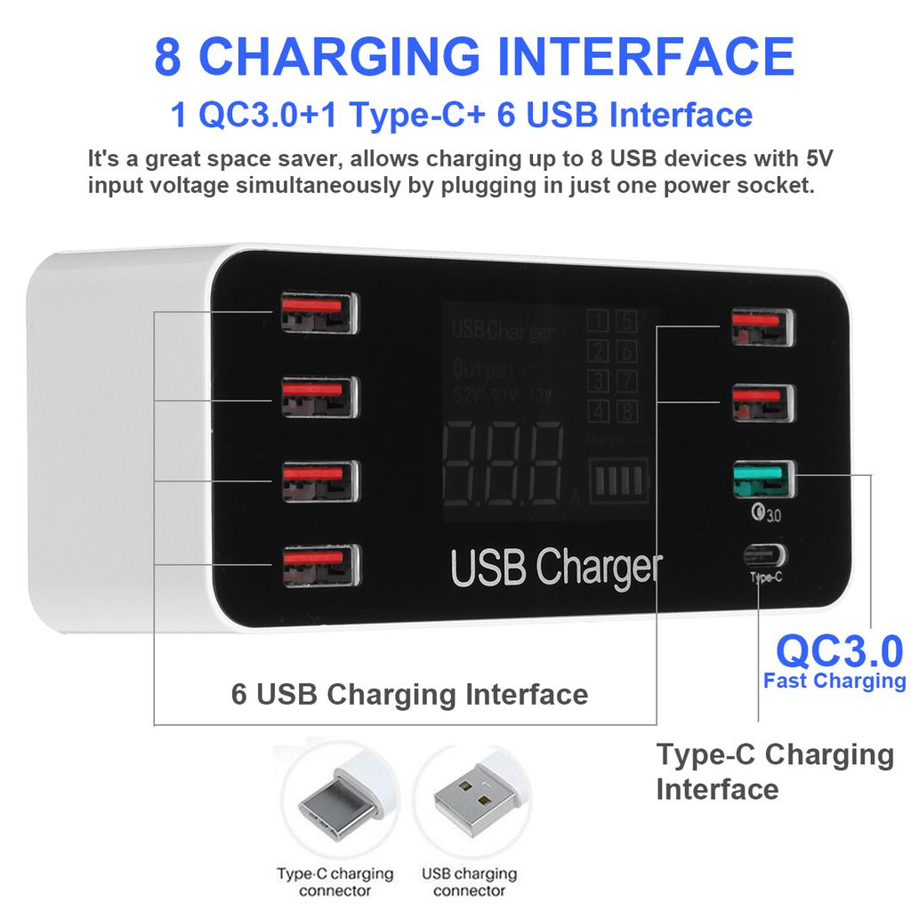 Сетевое Зарядное Устройство (СЗУ) с дисплеем 8-port Smart Led Display Charger A9+ WLX-A9+, 40W 7 USB-A+Type-C